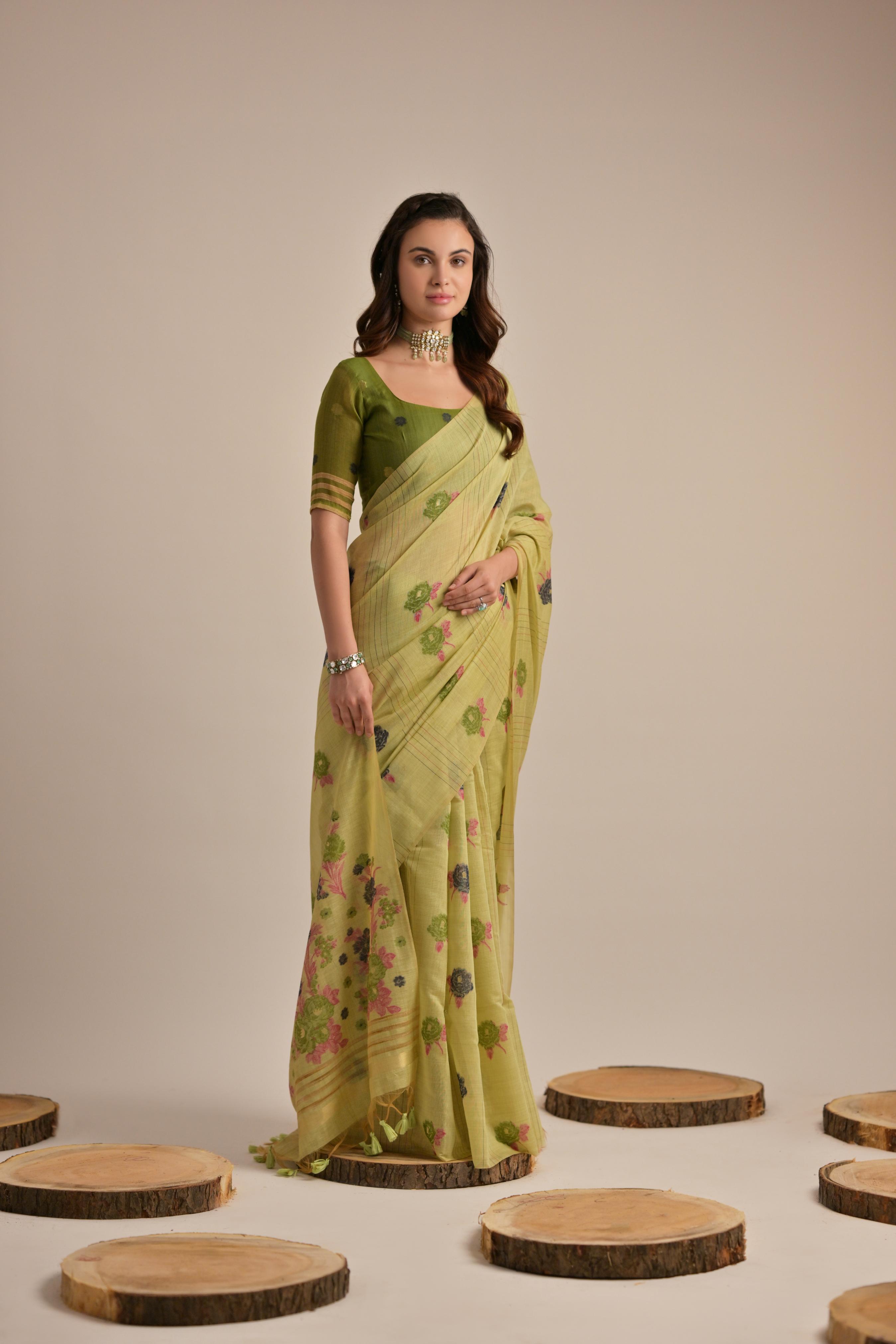 Pea Green Floral Woven Muga Cotton Saree