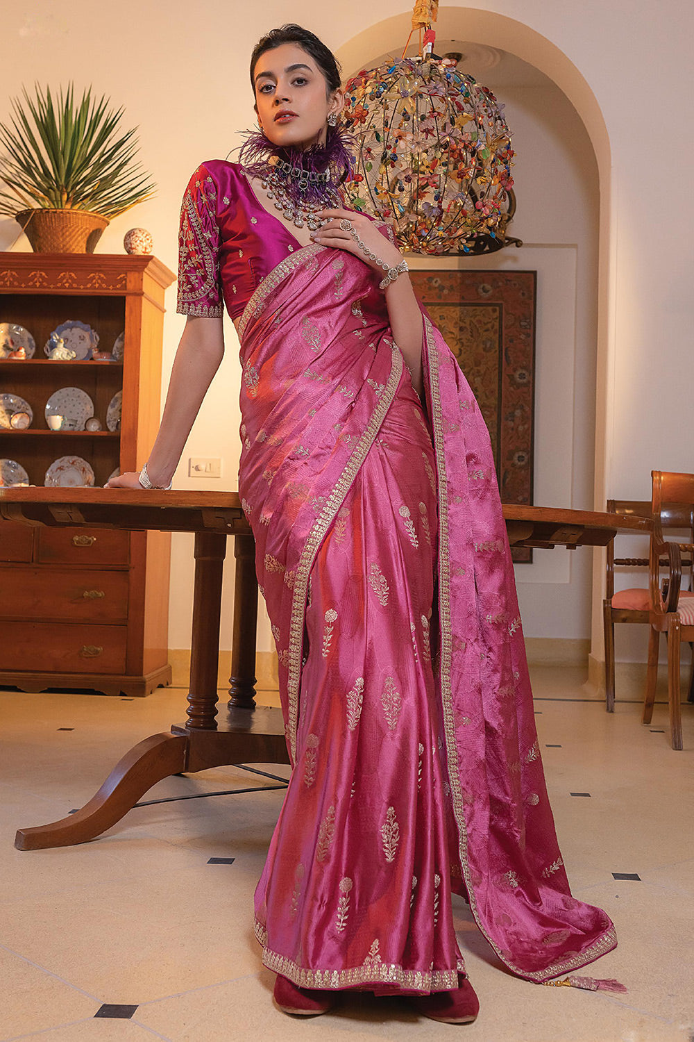 Charm Pink Satin Saree with Embroidered Blouse