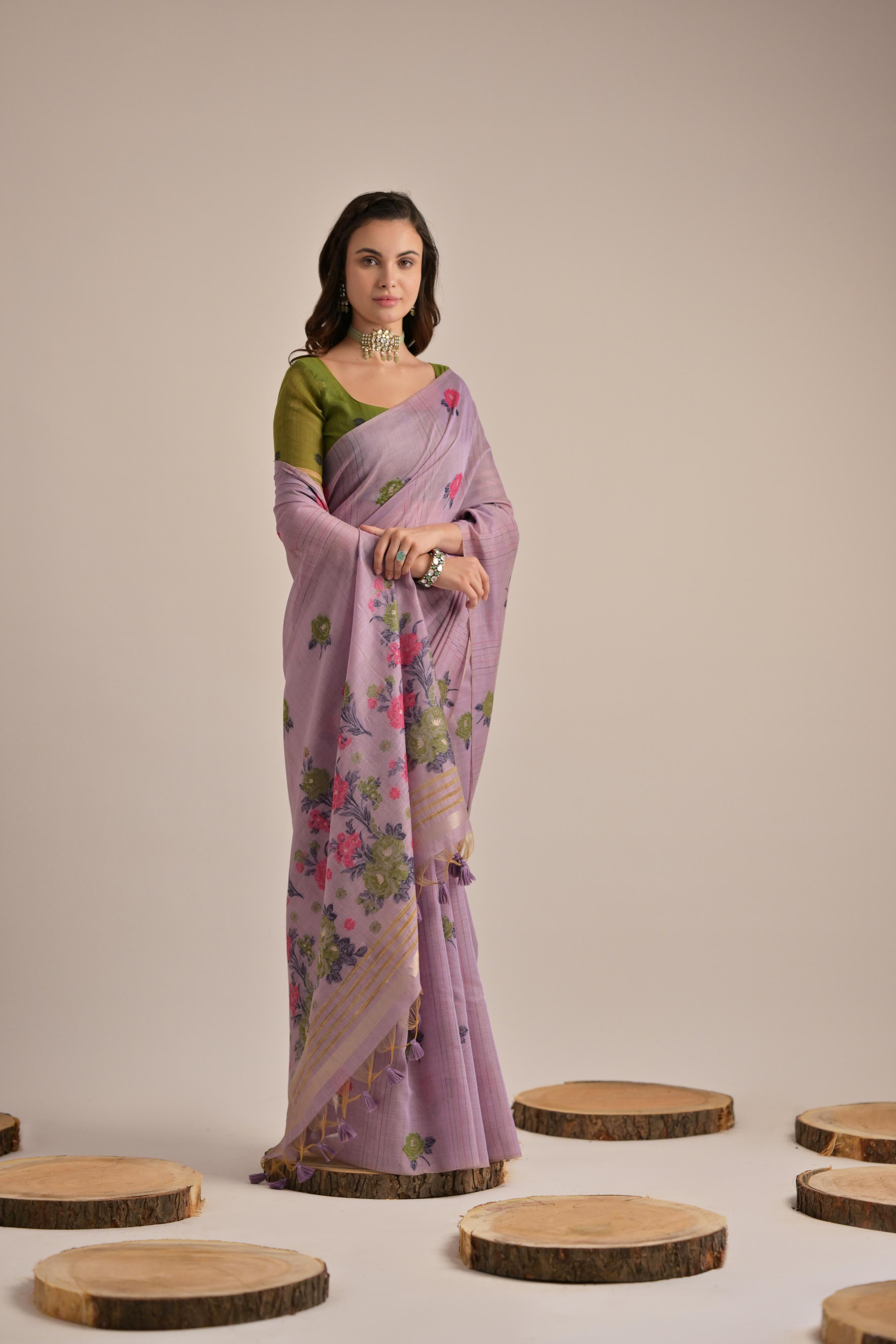 African Lavender Floral Woven Muga Cotton Saree