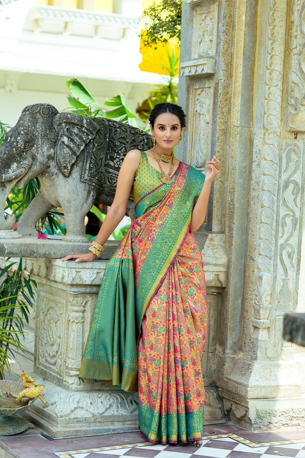 Rama Pink and Green Woven Kanjivaram Saree