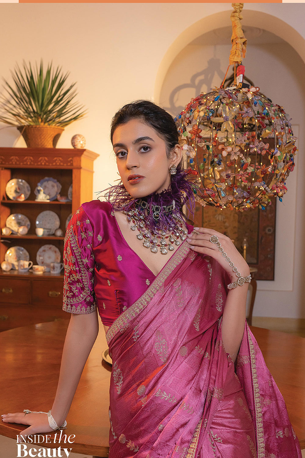 Charm Pink Satin Saree with Embroidered Blouse