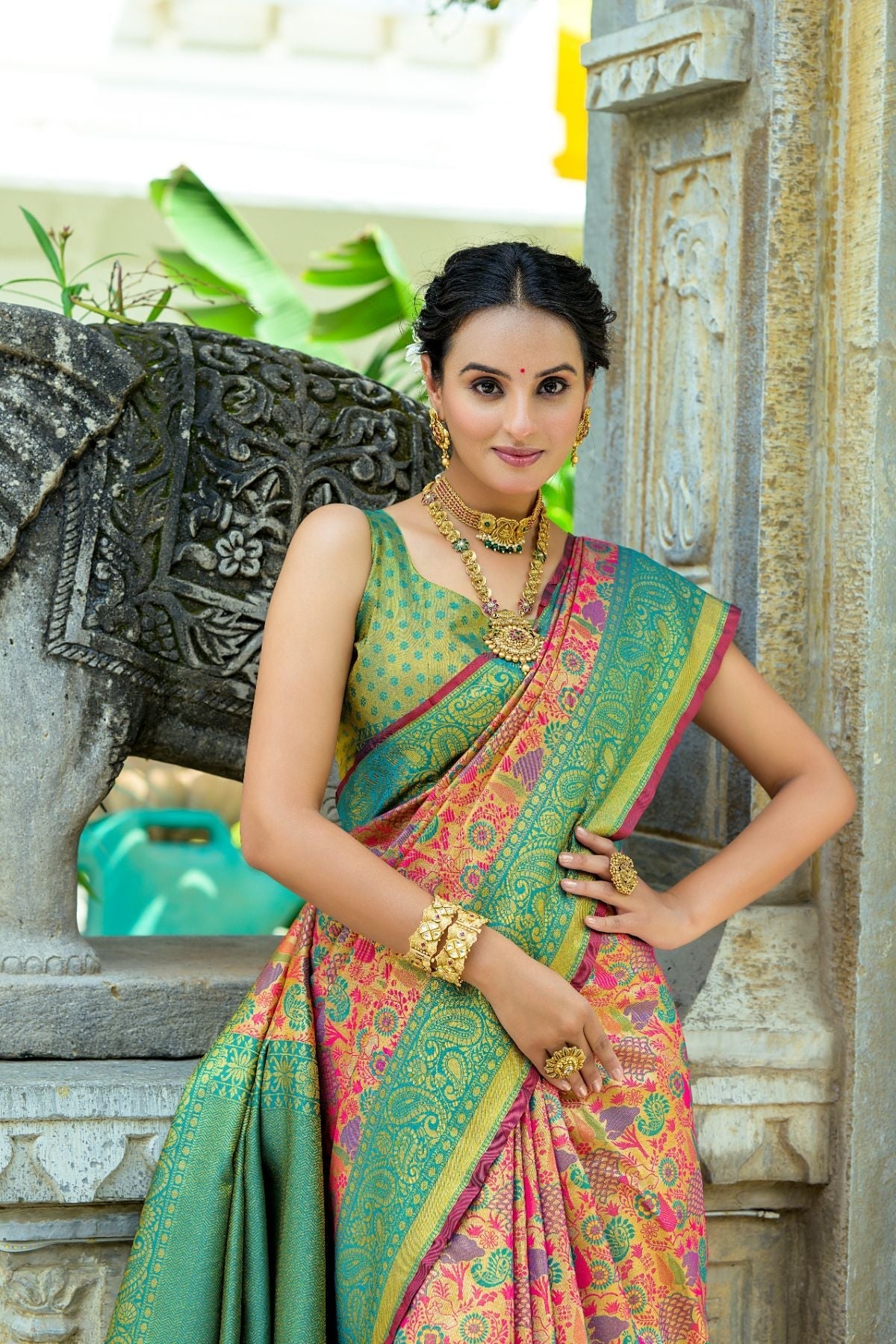 Rama Pink and Green Woven Kanjivaram Saree