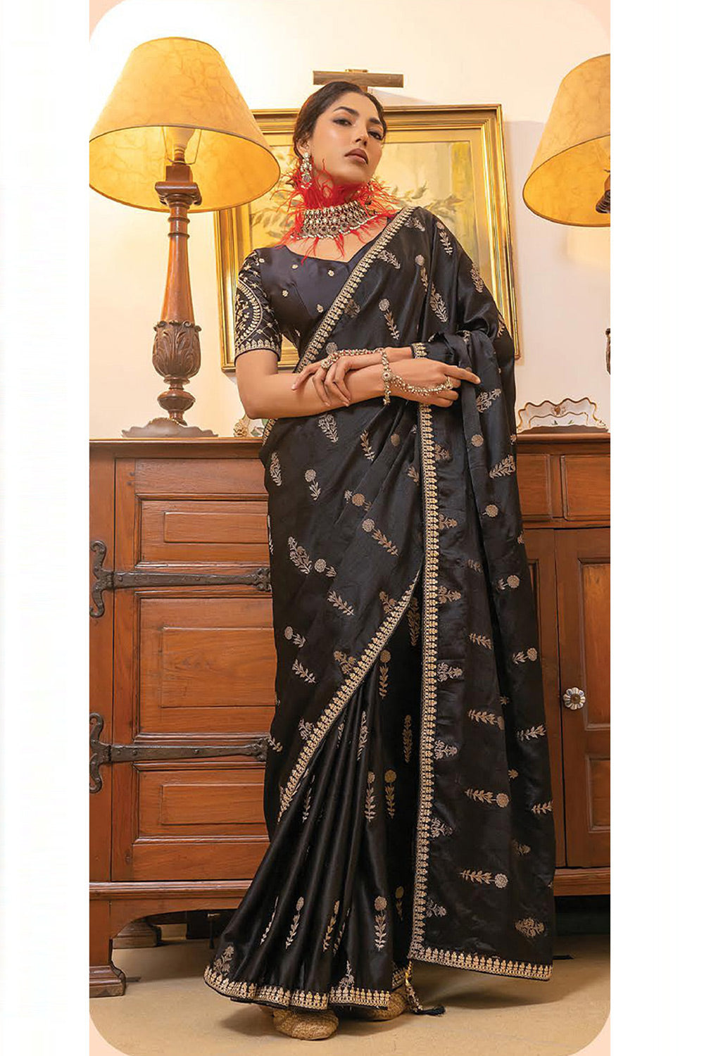 Woody Black Satin Saree with Embroidered Blouse