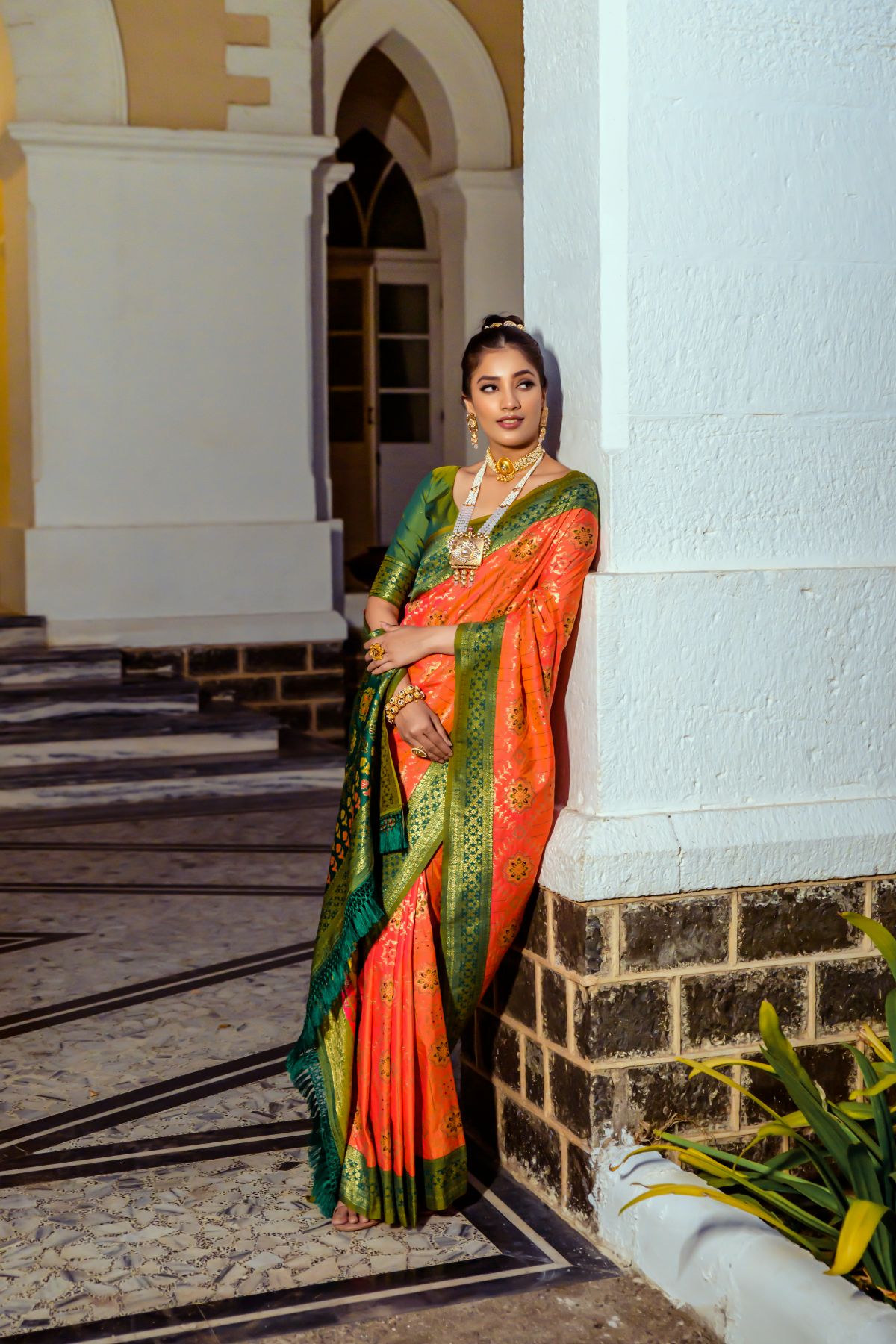 Carrot Orange and Green Banarasi Patola Silk Saree