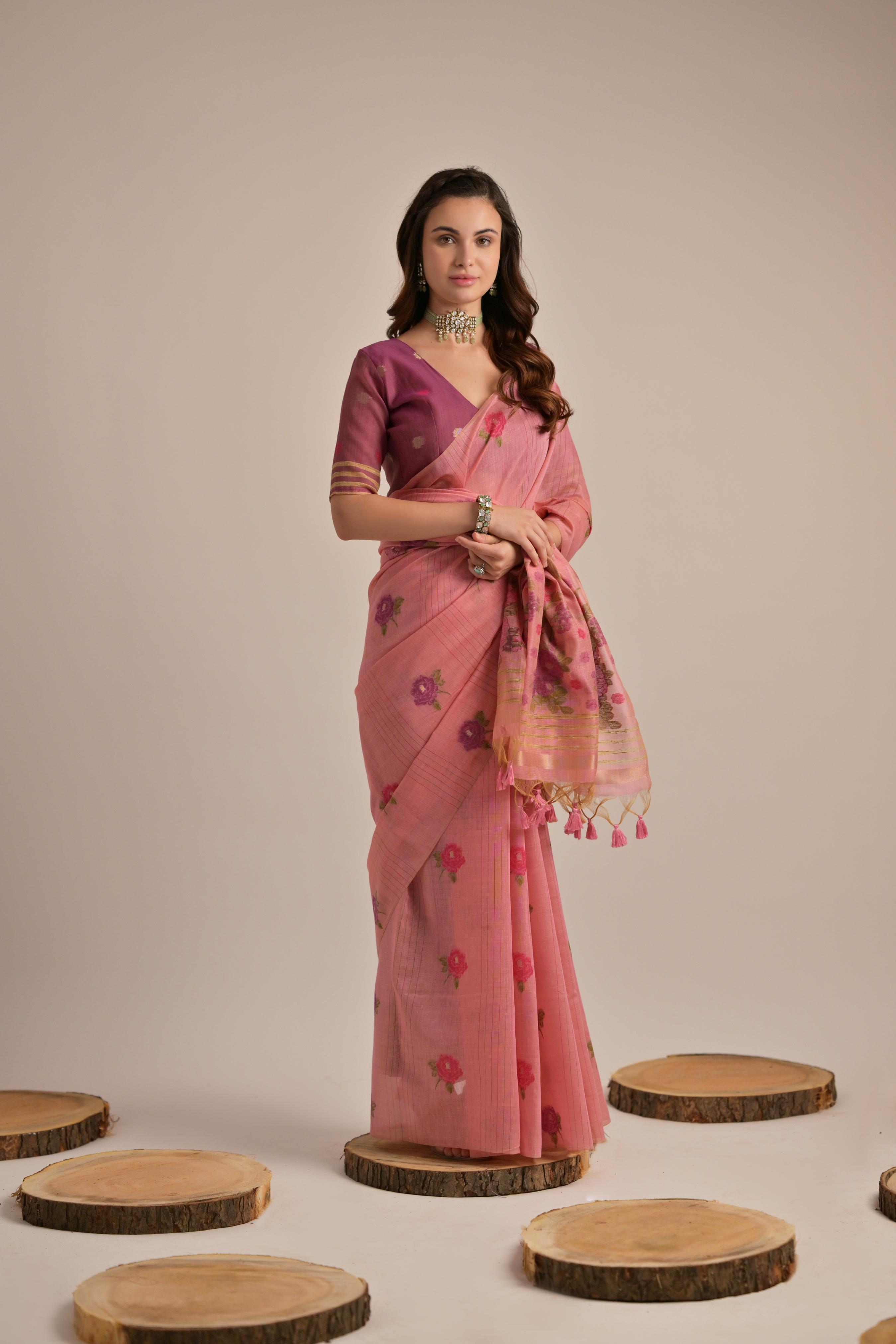 Flower Peach Floral Woven Muga Cotton Saree