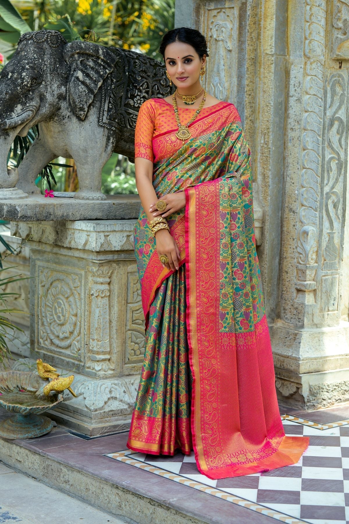 Kelly Green and Pink Woven Kanjivaram Saree