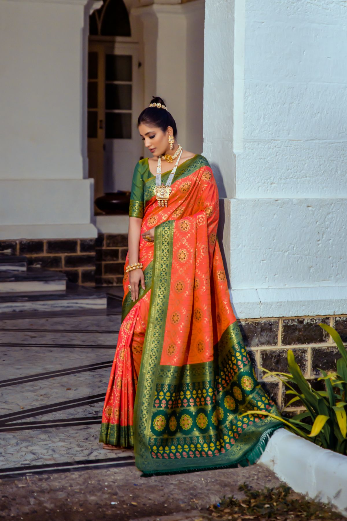 Carrot Orange and Green Banarasi Patola Silk Saree