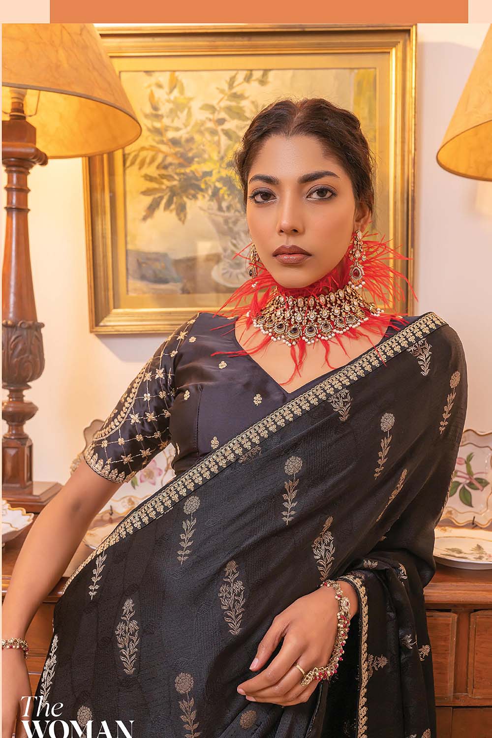 Woody Black Satin Saree with Embroidered Blouse