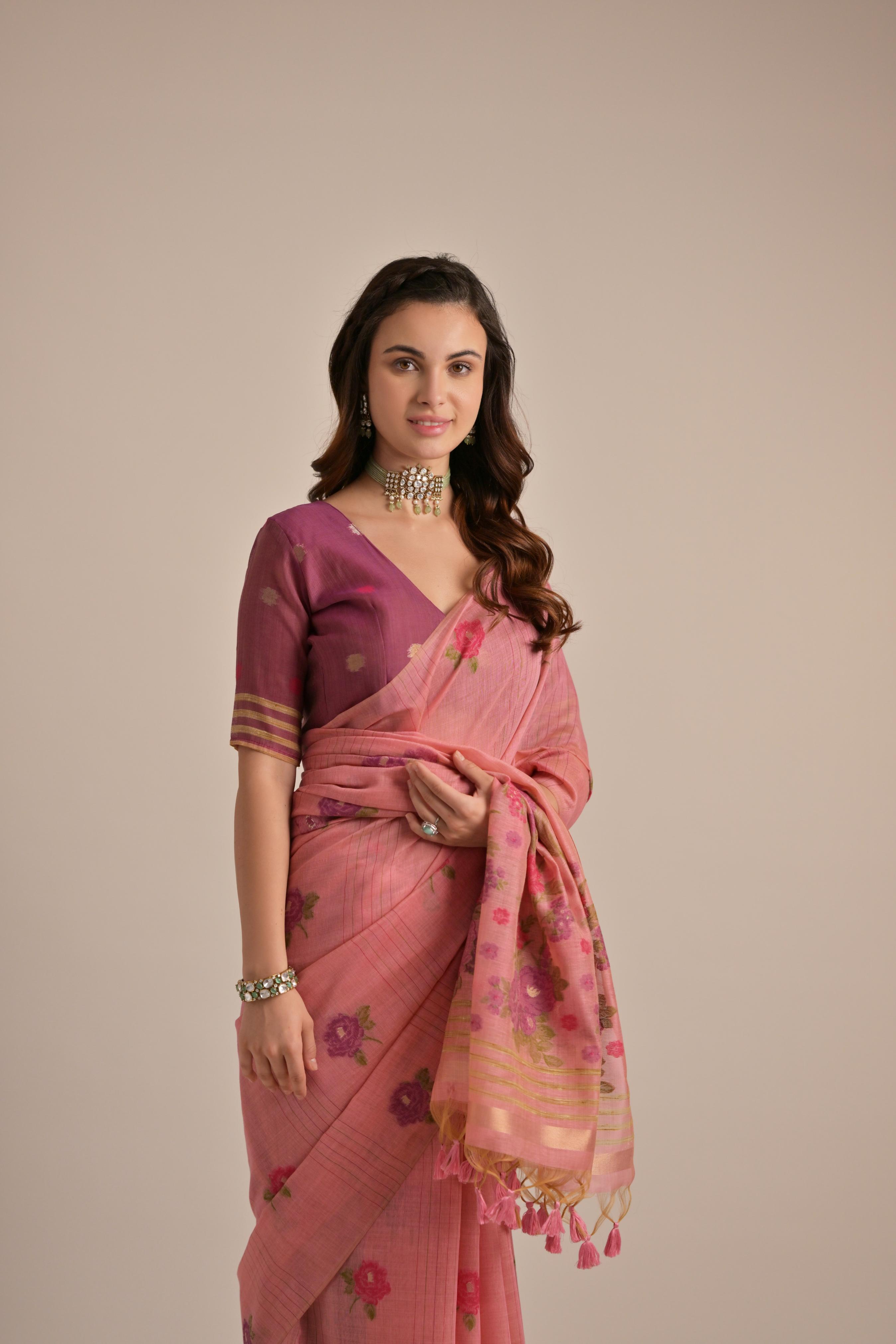 Flower Peach Floral Woven Muga Cotton Saree