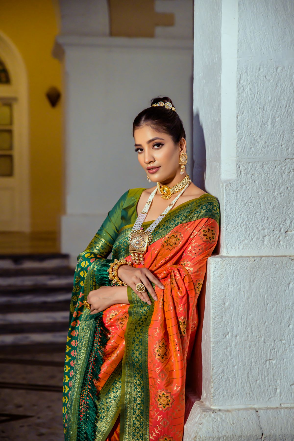 Carrot Orange and Green Banarasi Patola Silk Saree