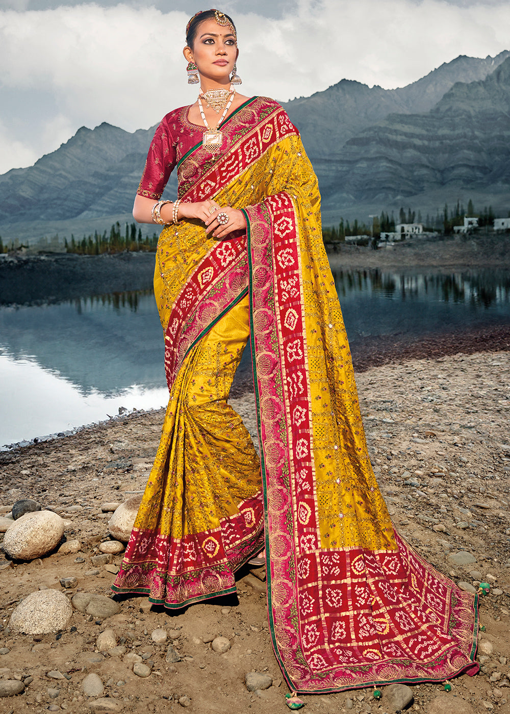 Patpert Agrotech Yellow Designer Bandej Banarasi Silk Saree