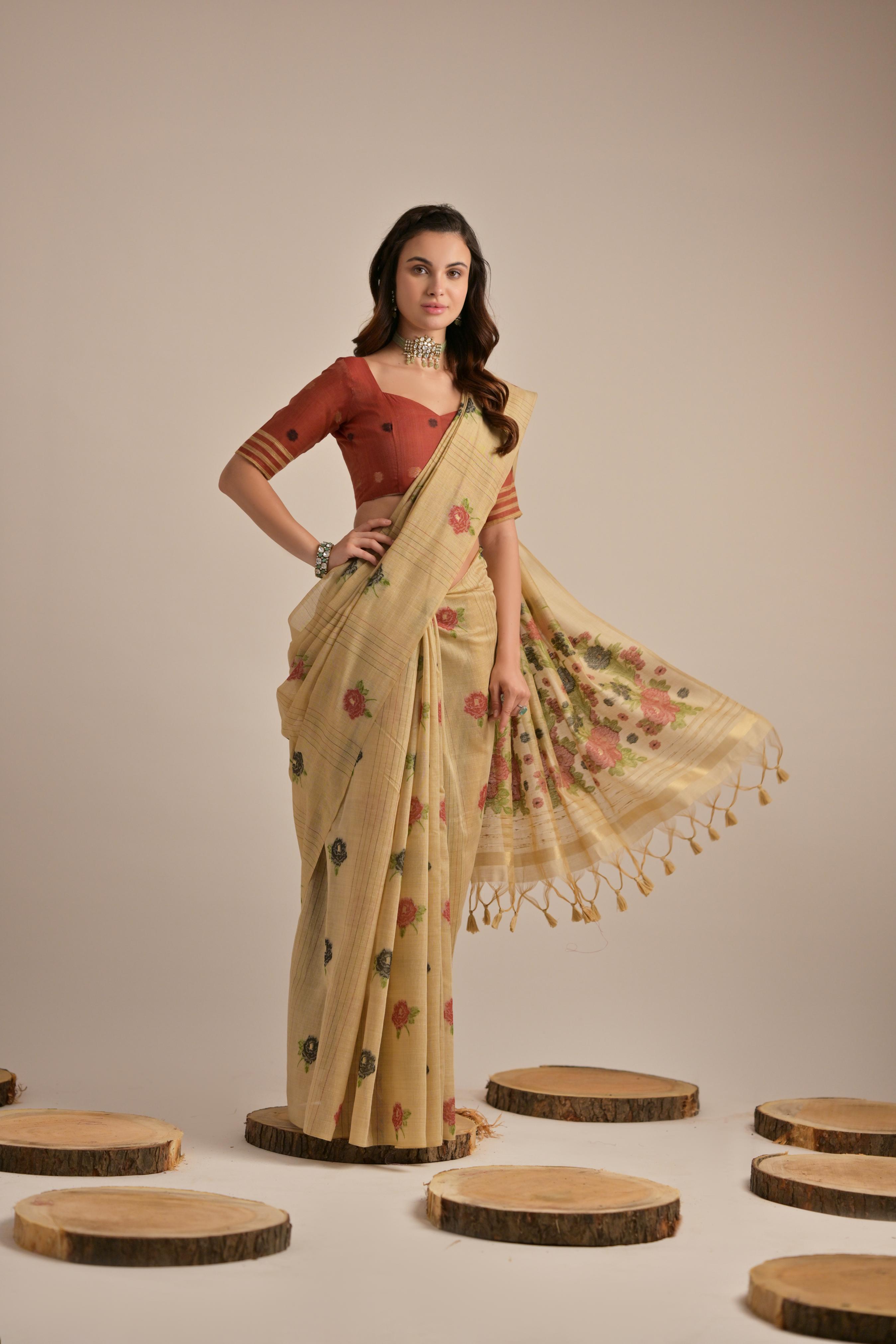 Mustard Yellow Floral Woven Muga Cotton Saree