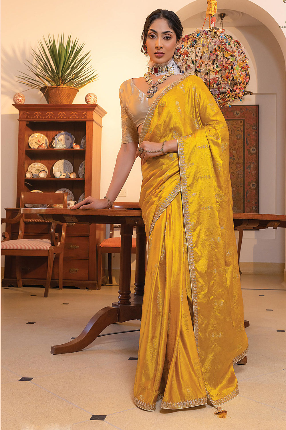 Fuel Yellow Satin Saree with Embroidered Blouse