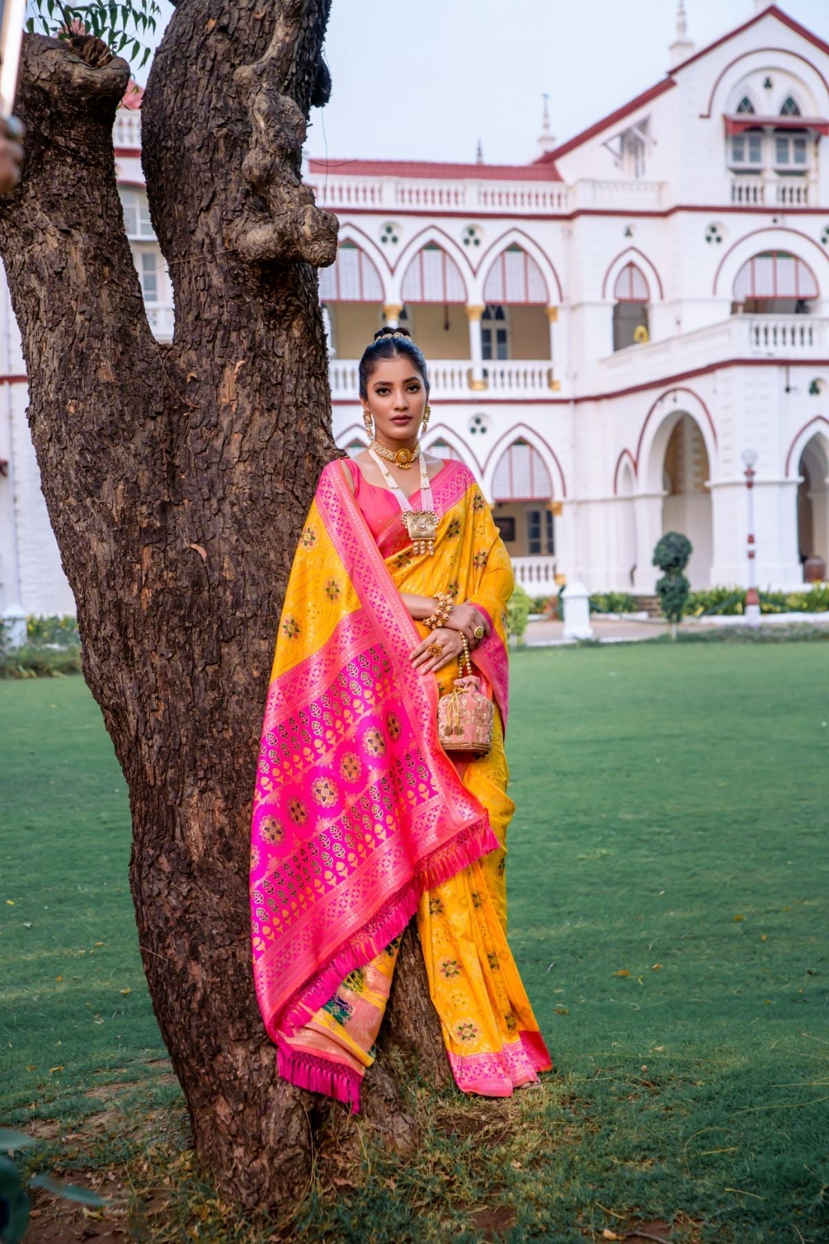 Sunflower Yellow and Green Banarasi Patola Silk Saree