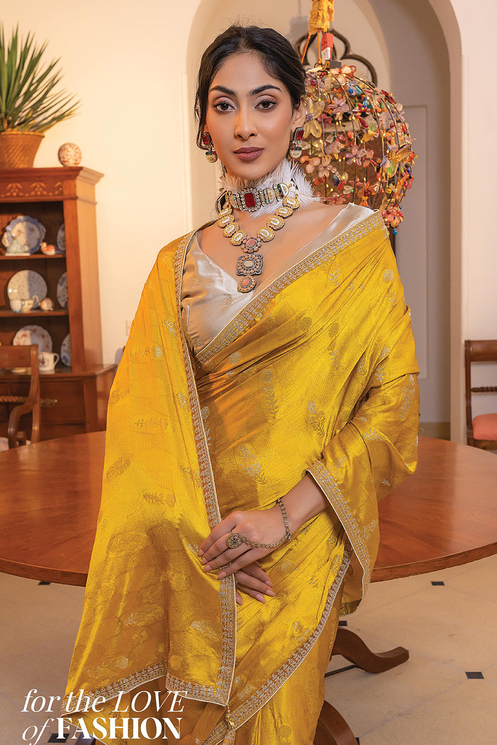 Fuel Yellow Satin Saree with Embroidered Blouse