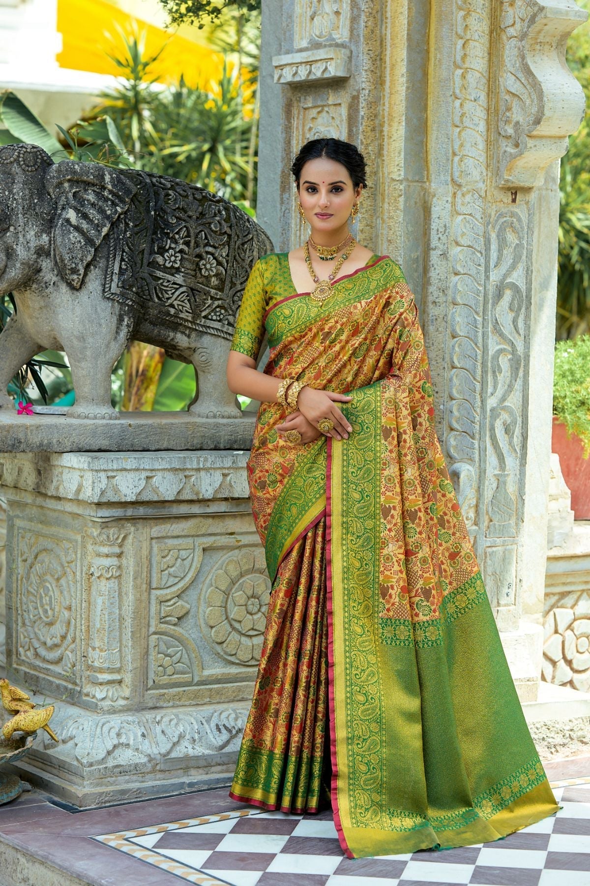 Lady's Mantle Yellow and Green Woven Kanjivaram Saree