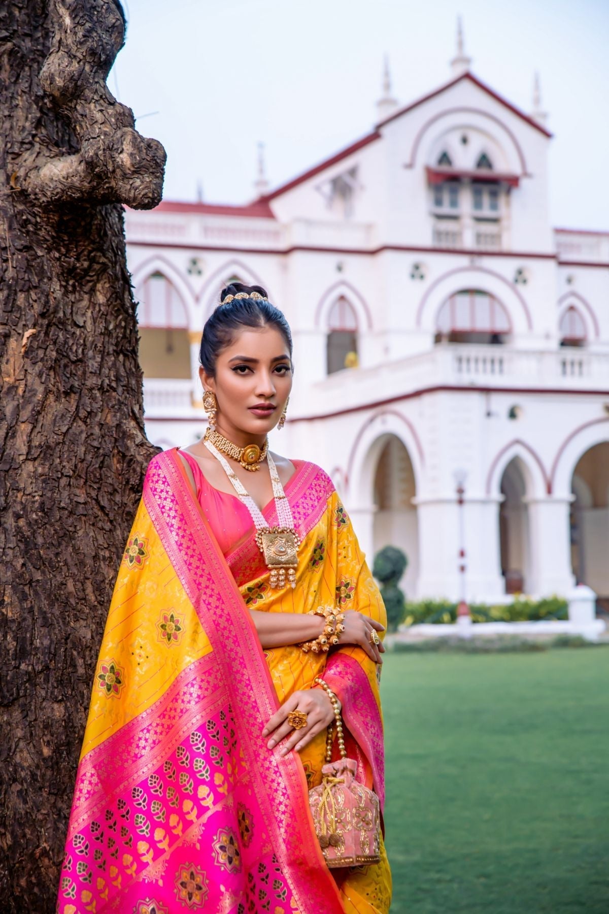 Sunflower Yellow and Green Banarasi Patola Silk Saree