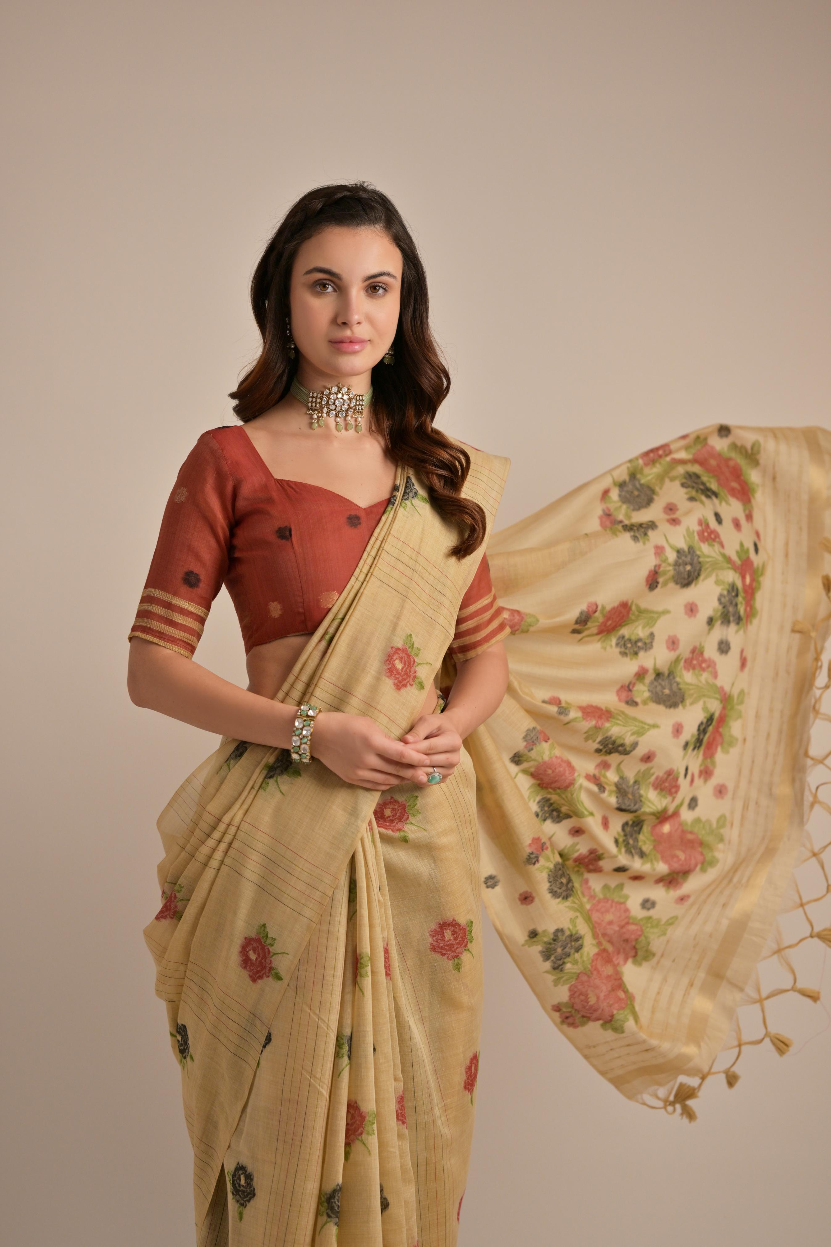 Mustard Yellow Floral Woven Muga Cotton Saree