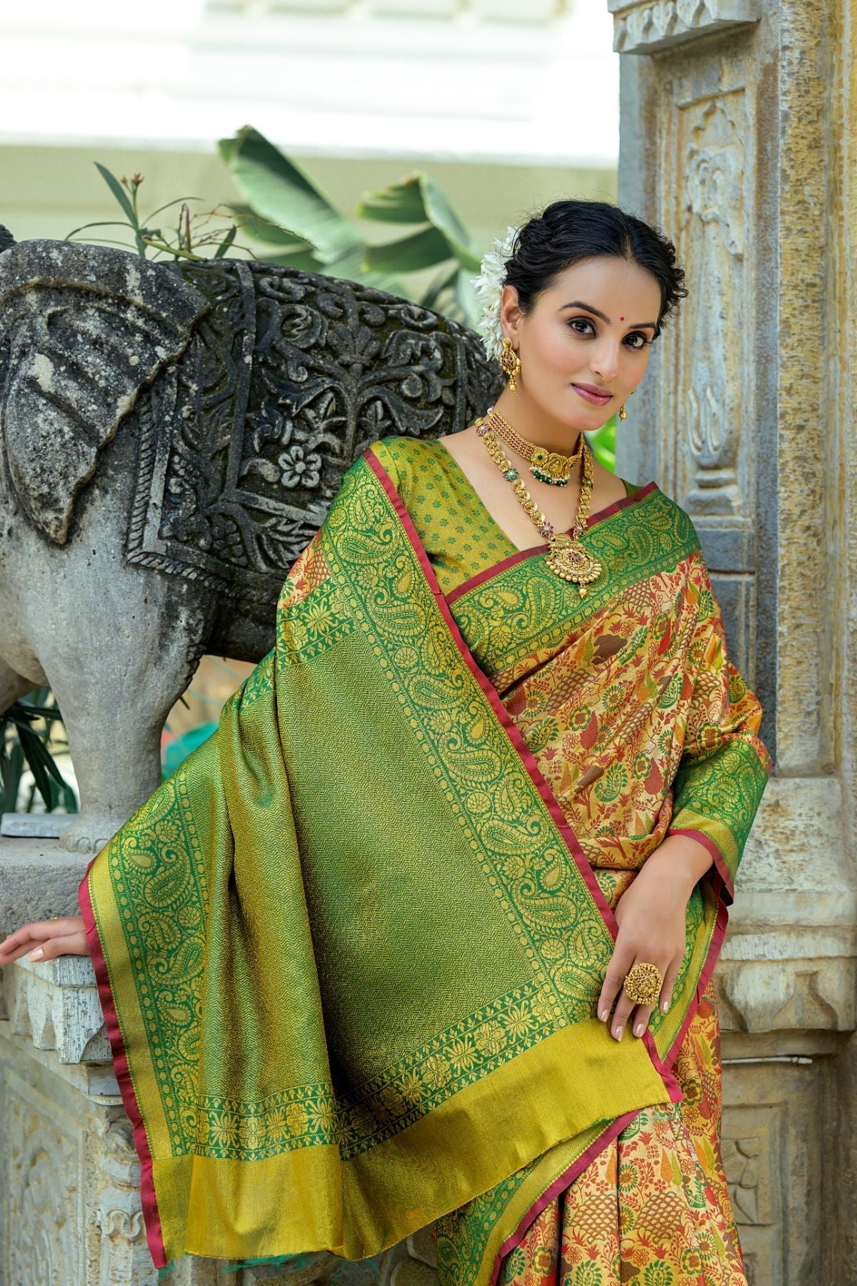 Lady's Mantle Yellow and Green Woven Kanjivaram Saree