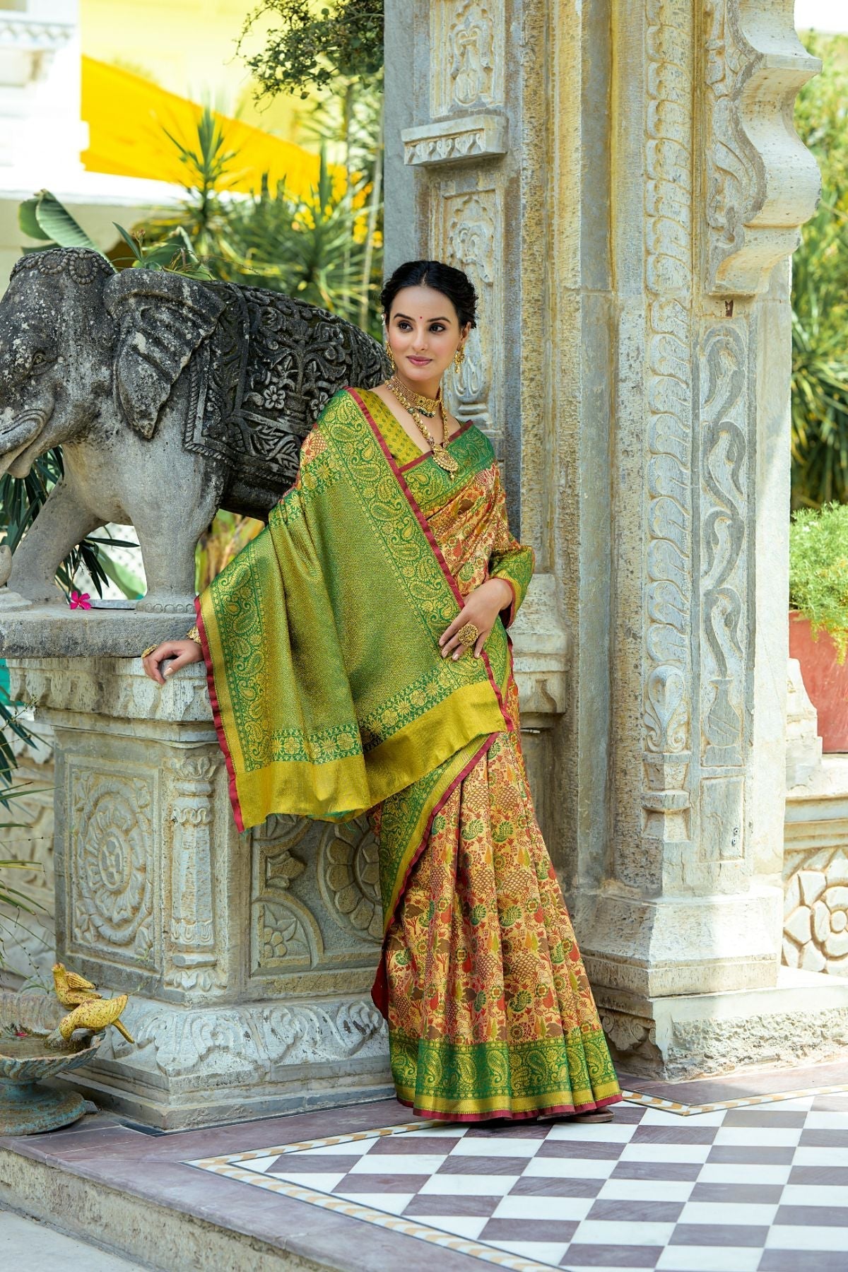 Lady's Mantle Yellow and Green Woven Kanjivaram Saree