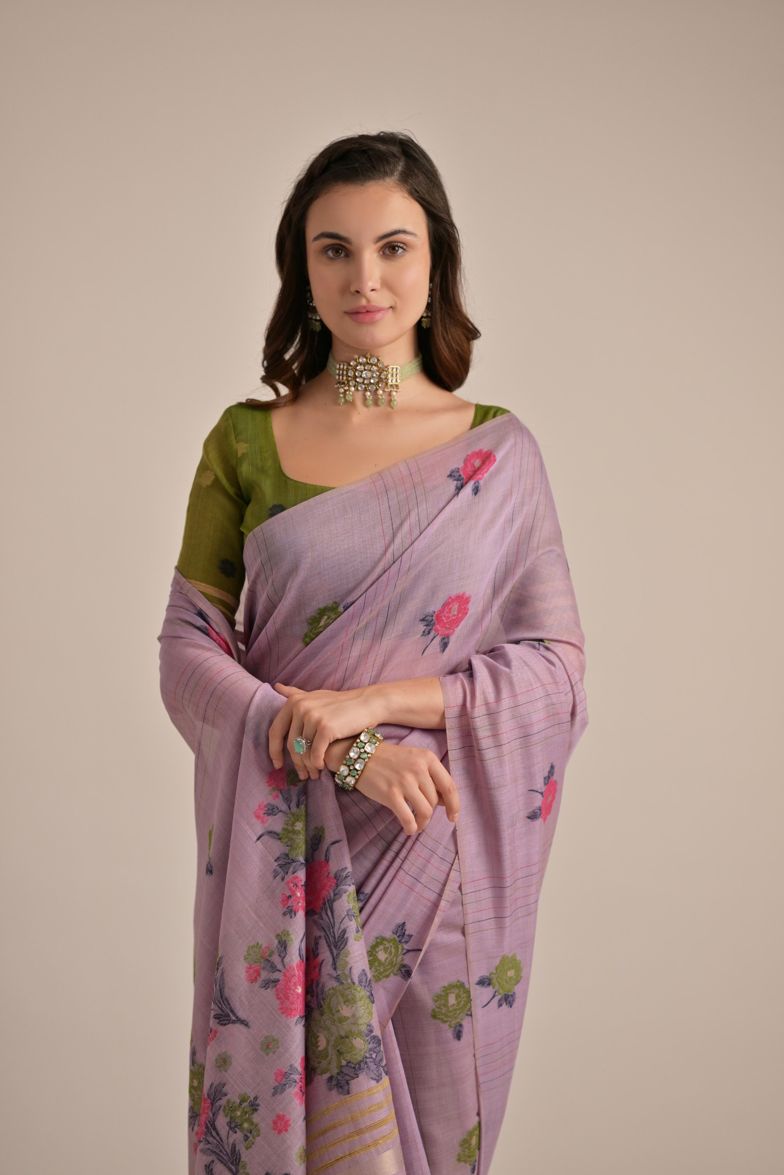 African Lavender Floral Woven Muga Cotton Saree