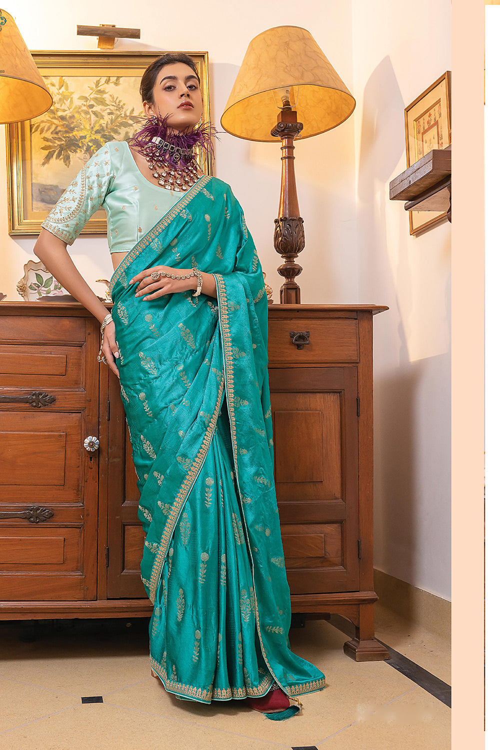 Mosque Blue Satin Saree with Embroidered Blouse