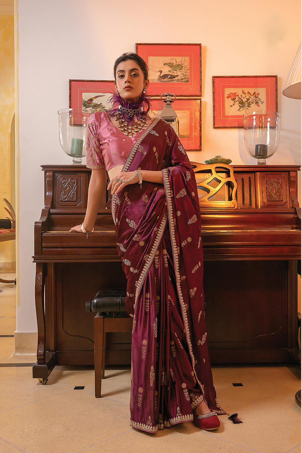 Lonestar Maroon Satin Saree with Embroidered Blouse