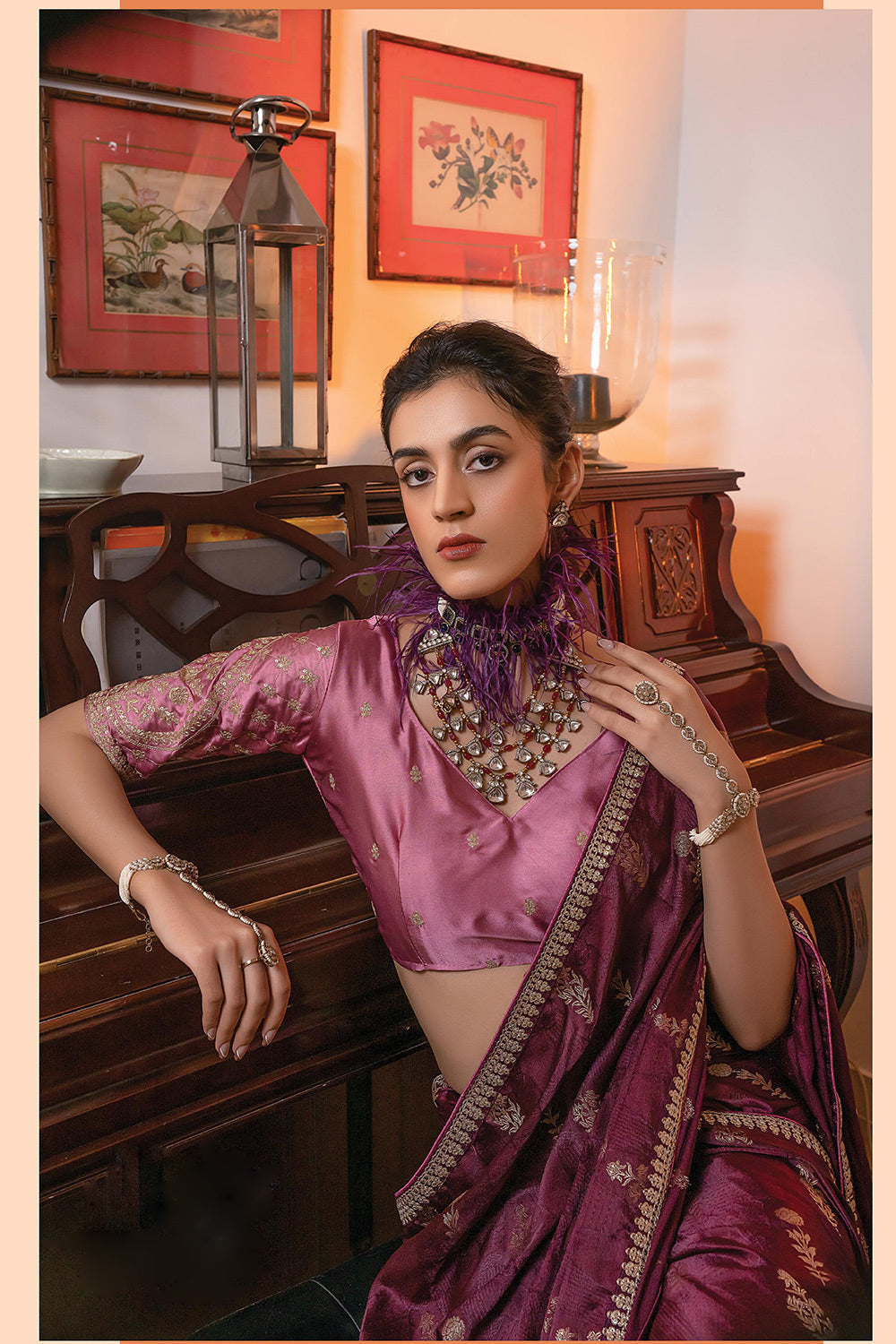 Lonestar Maroon Satin Saree with Embroidered Blouse