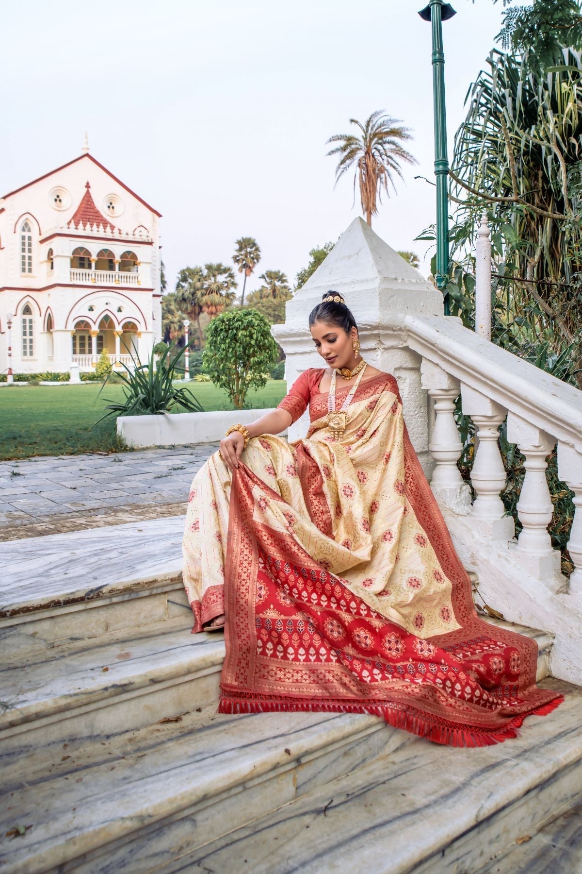 Sorrel Cream and Red Banarasi Patola Silk Saree