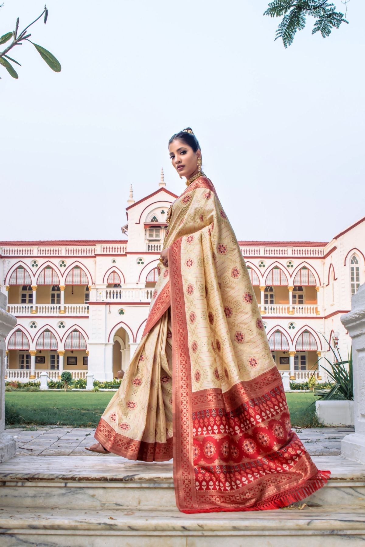 Sorrel Cream and Red Banarasi Patola Silk Saree