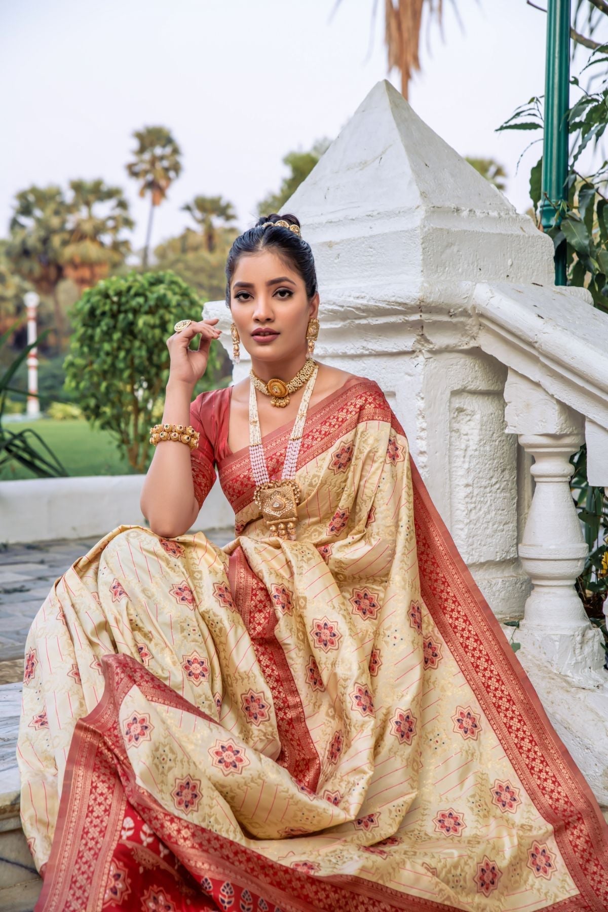 Sorrel Cream and Red Banarasi Patola Silk Saree