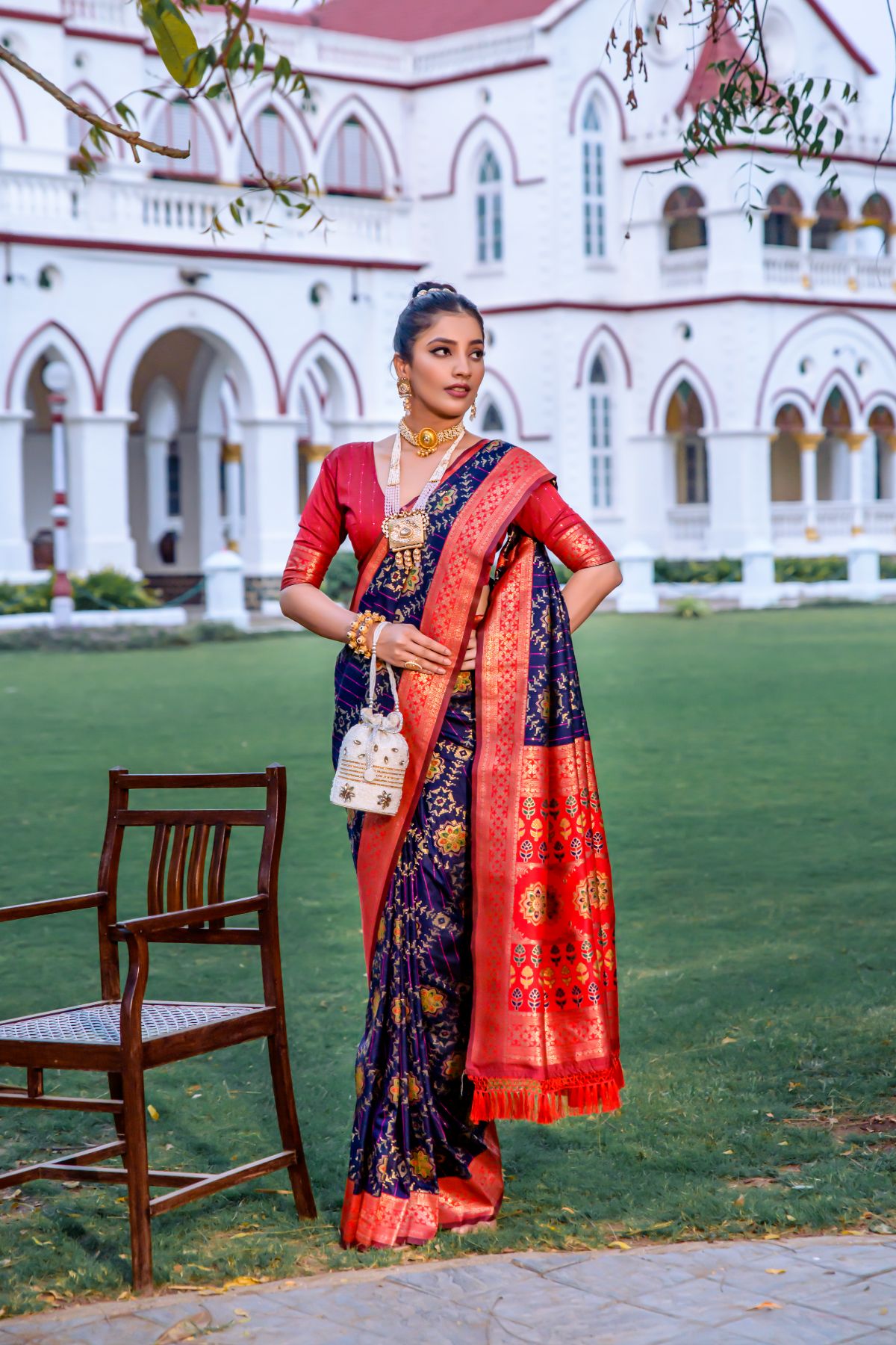 Mulled Blue and Red Banarasi Patola Silk Saree