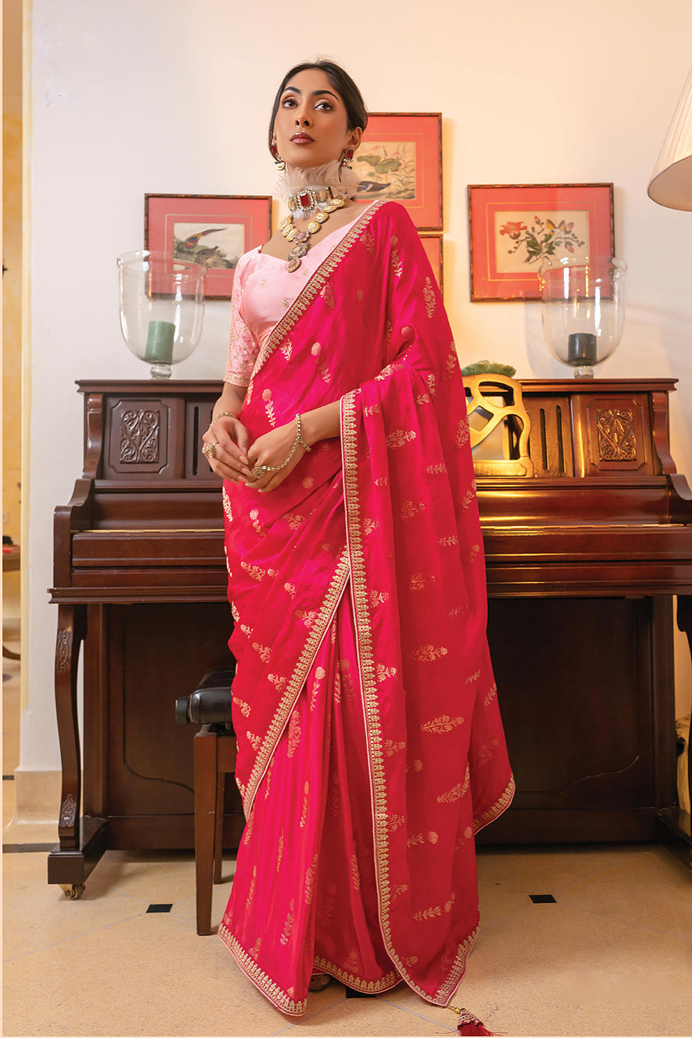 Strawberry Pink Satin Saree with Embroidered Blouse