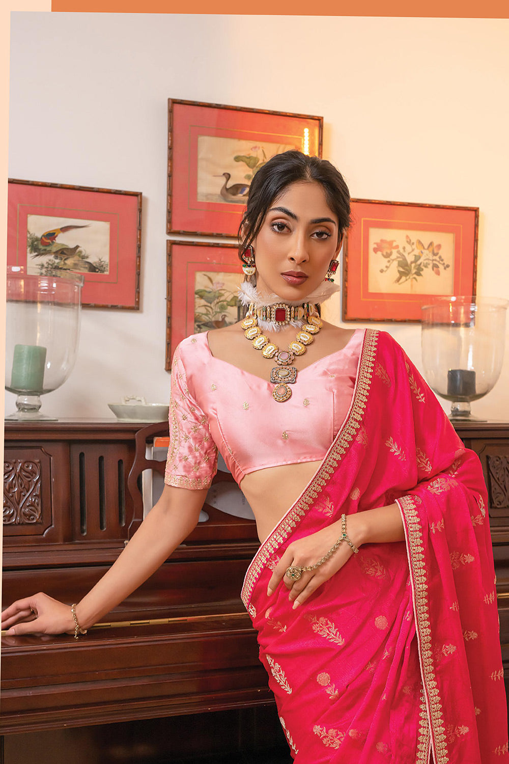 Strawberry Pink Satin Saree with Embroidered Blouse