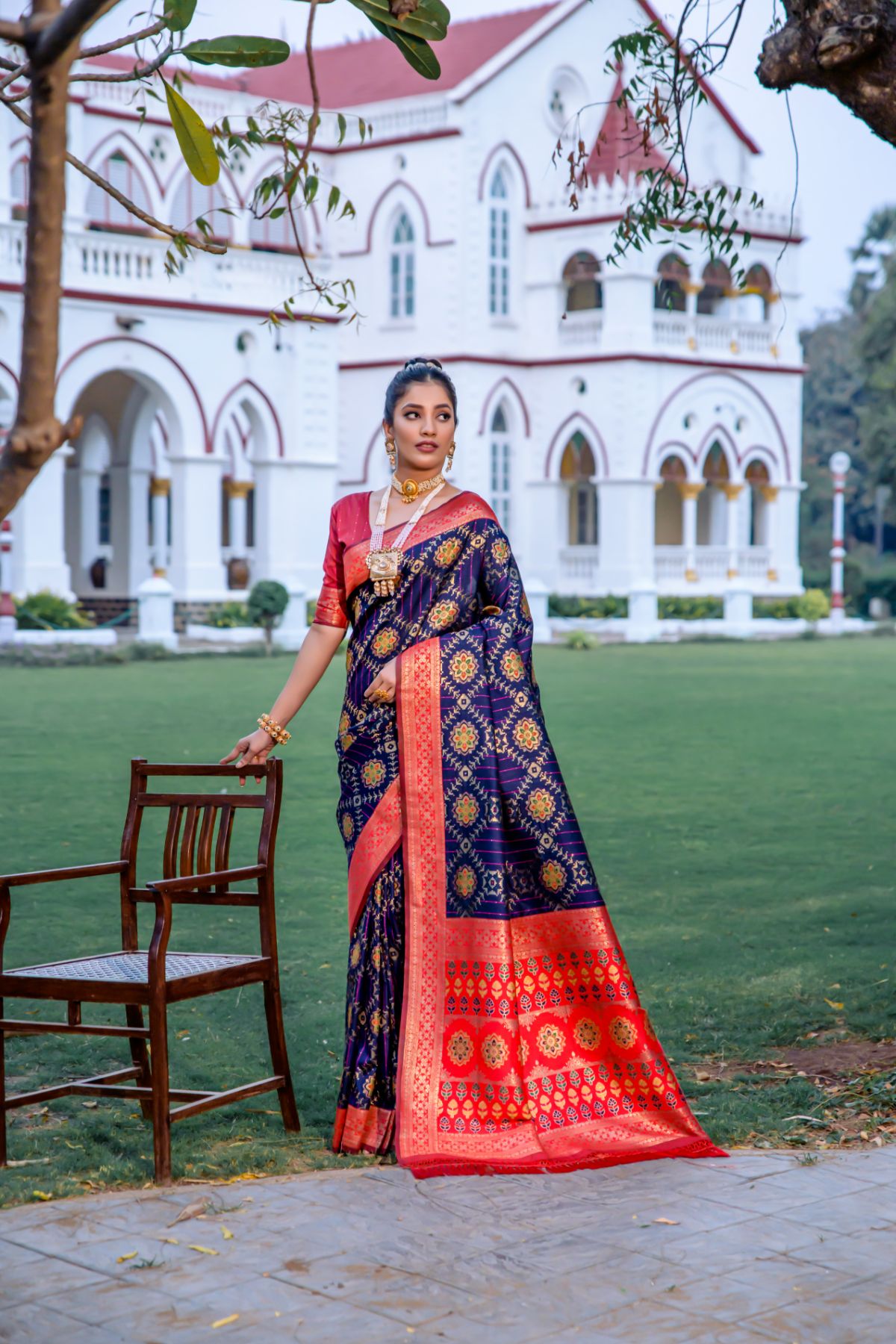 Mulled Blue and Red Banarasi Patola Silk Saree