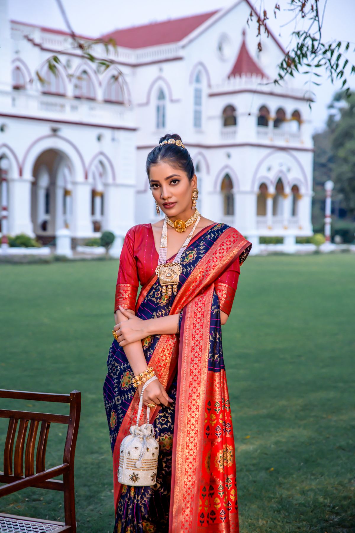 Mulled Blue and Red Banarasi Patola Silk Saree