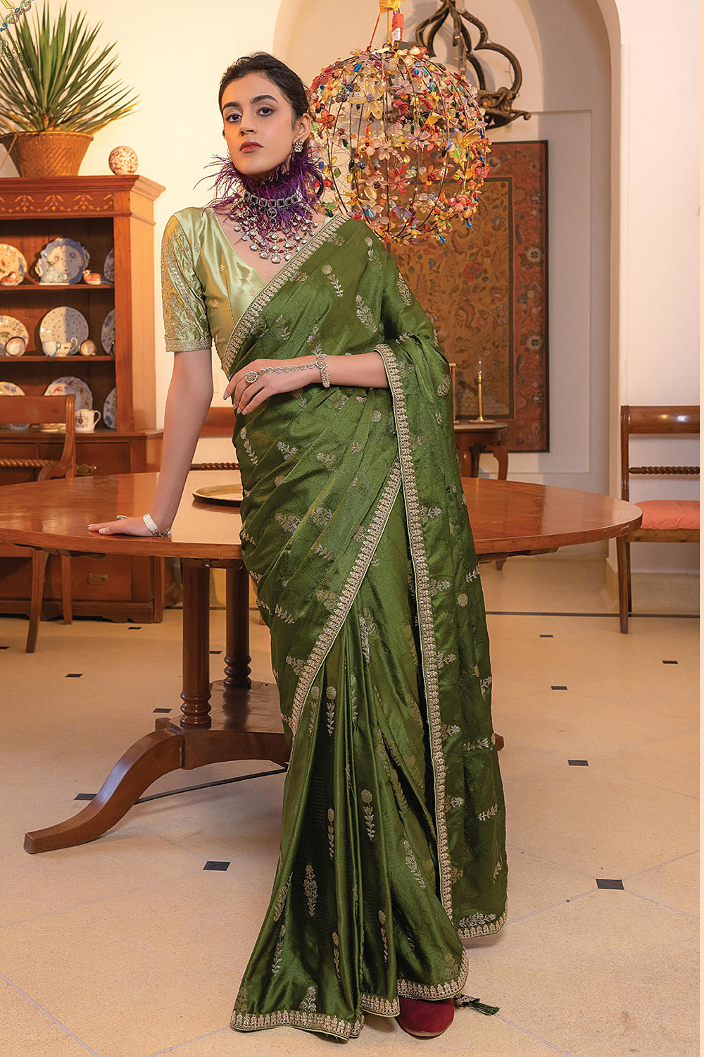 Verdigris Green Satin Saree with Embroidered Blouse