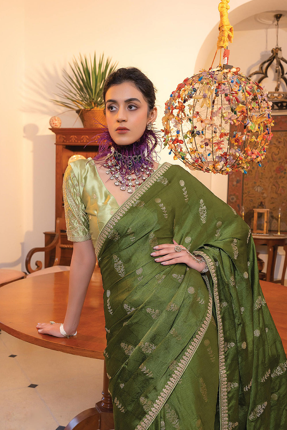 Verdigris Green Satin Saree with Embroidered Blouse