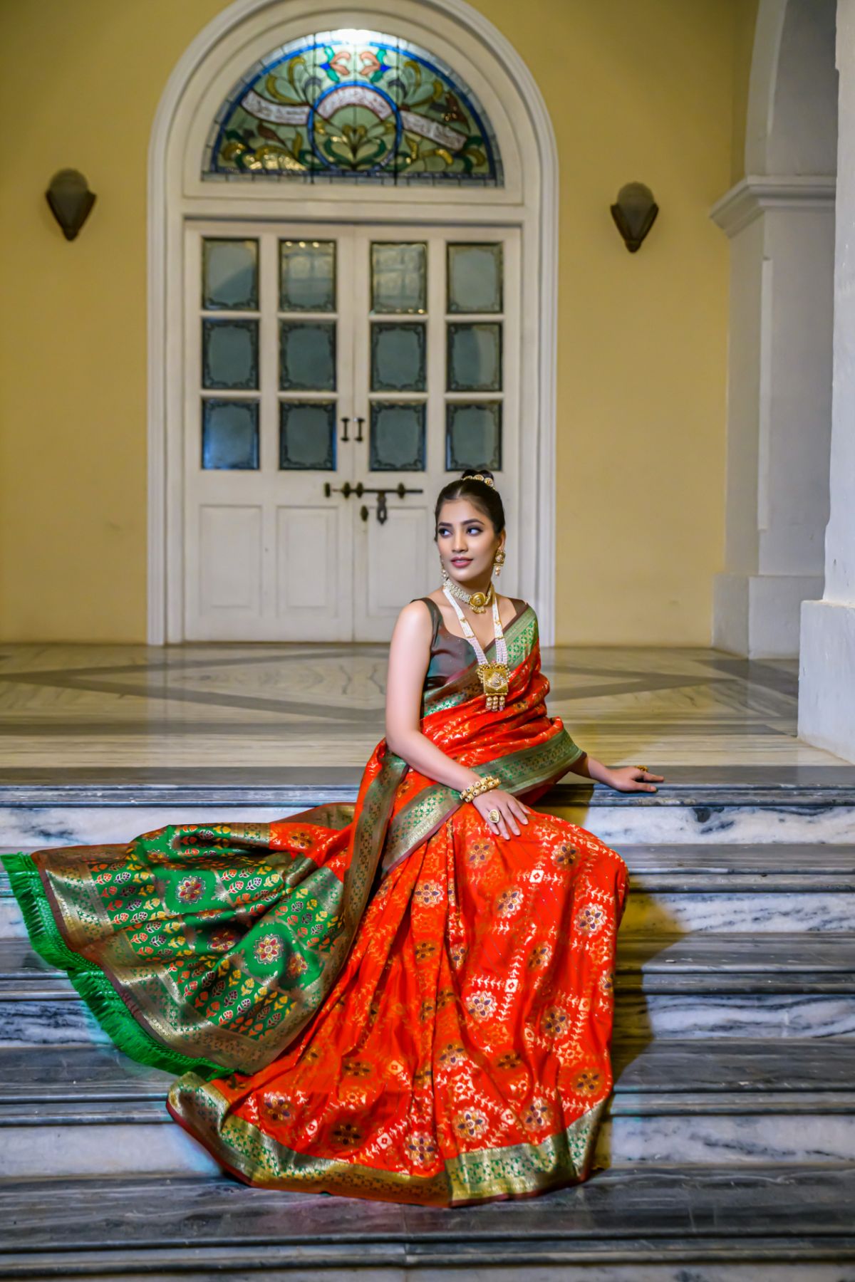 Sweet Red and Green Banarasi Patola Silk Saree