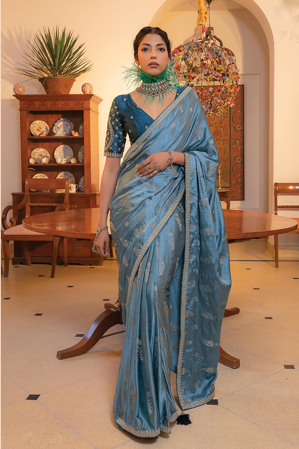 Bermuda Blue Satin Saree with Embroidered Blouse