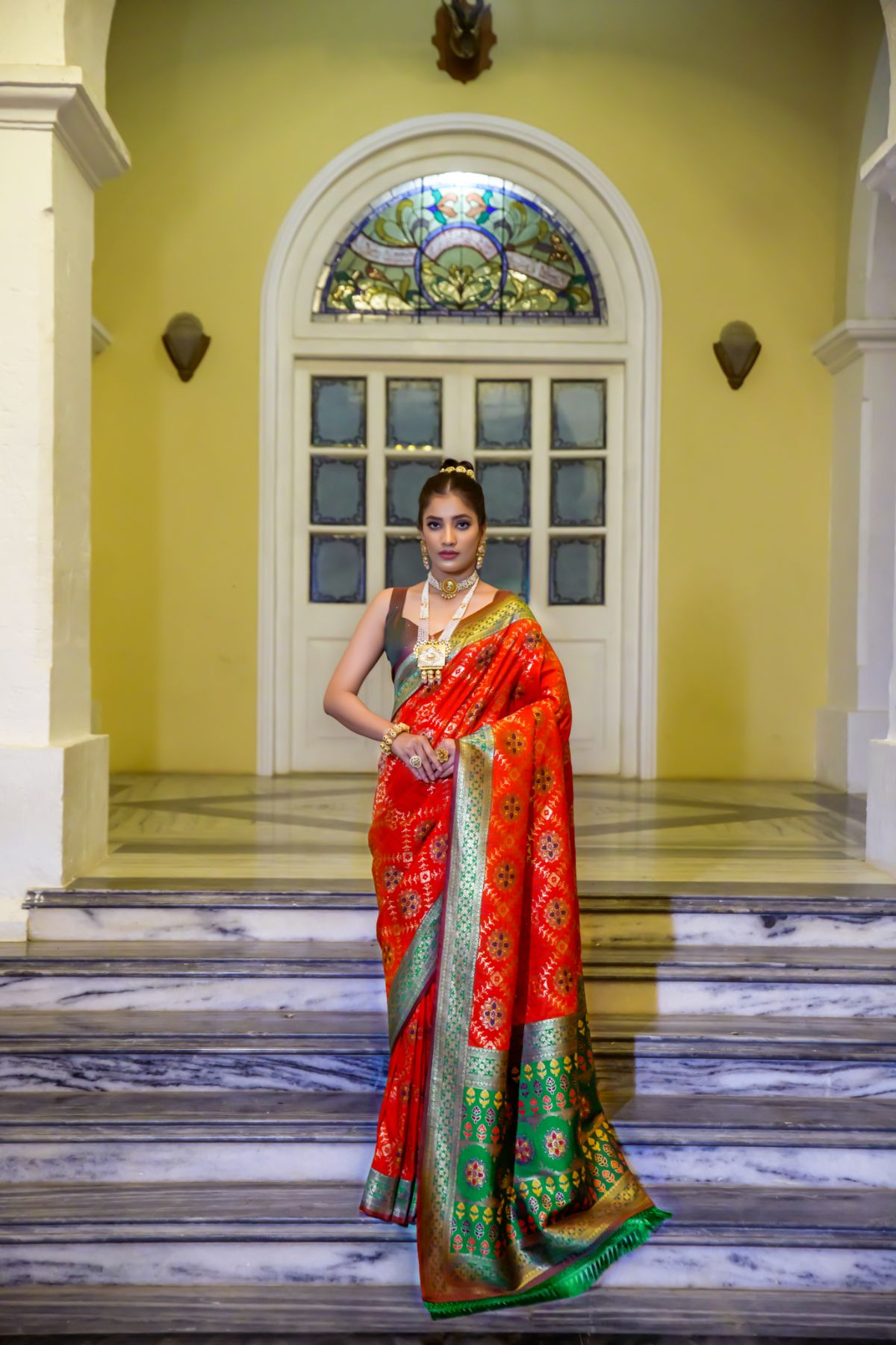 Sweet Red and Green Banarasi Patola Silk Saree