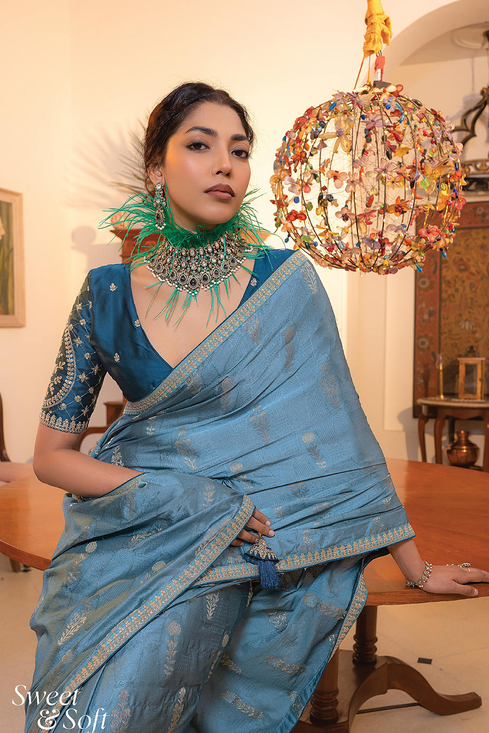 Bermuda Blue Satin Saree with Embroidered Blouse