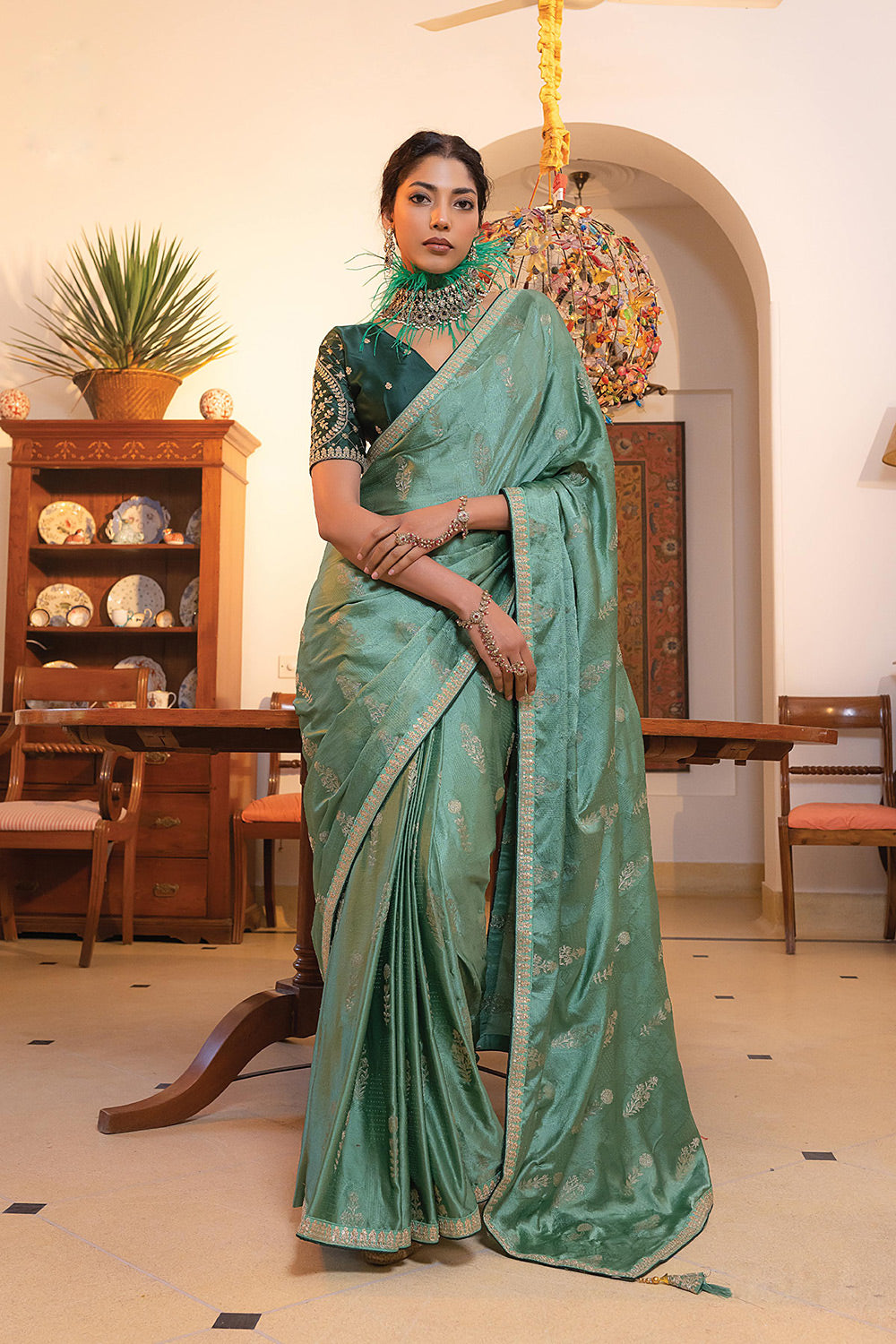 Oxley Green Satin Saree with Embroidered Blouse