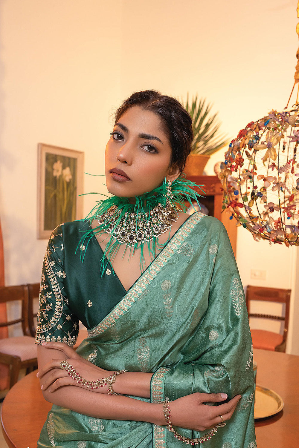 Oxley Green Satin Saree with Embroidered Blouse