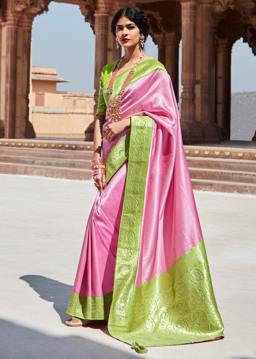 Azalea Pink and Green Woven Banarasi Soft Silk Designer Saree