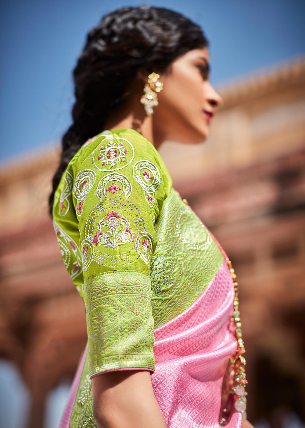 Azalea Pink and Green Woven Banarasi Soft Silk Designer Saree