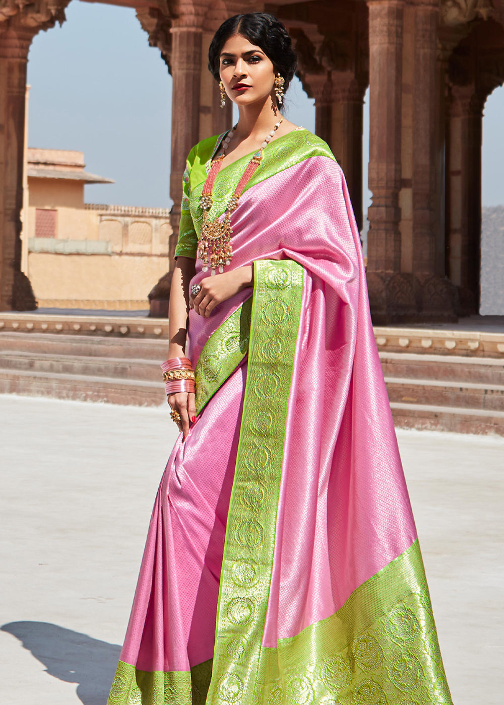 Azalea Pink and Green Woven Banarasi Soft Silk Designer Saree