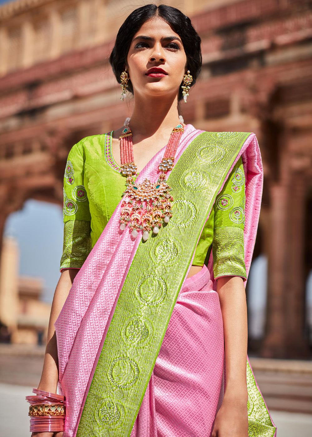 Azalea Pink and Green Woven Banarasi Soft Silk Designer Saree