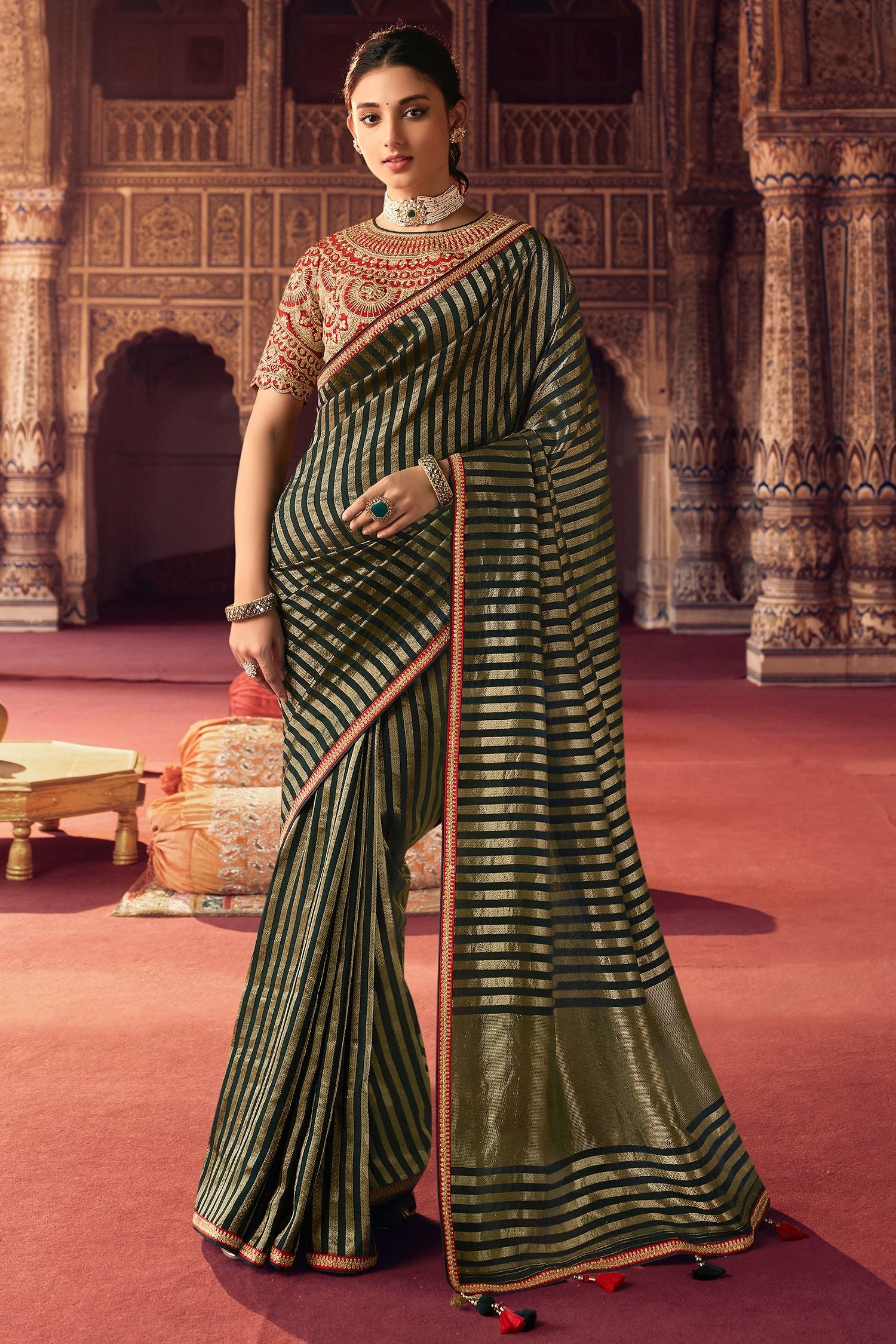 Hemlock Green Organza Leheriya Woven Saree