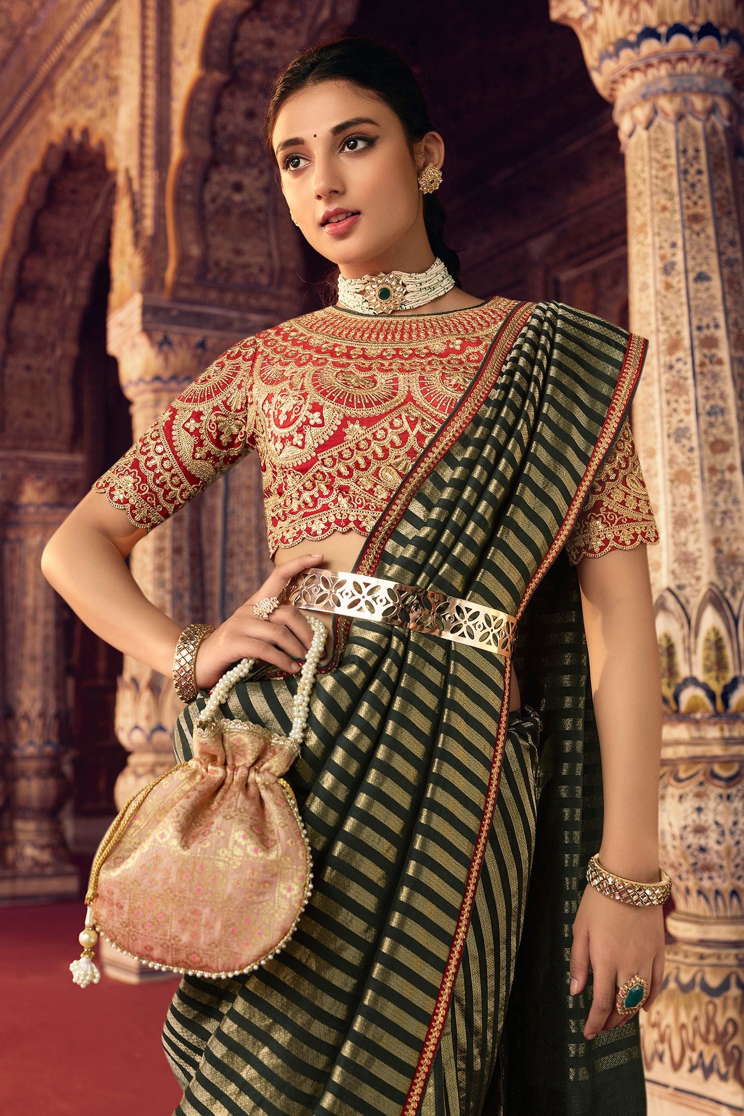 Hemlock Green Organza Leheriya Woven Saree